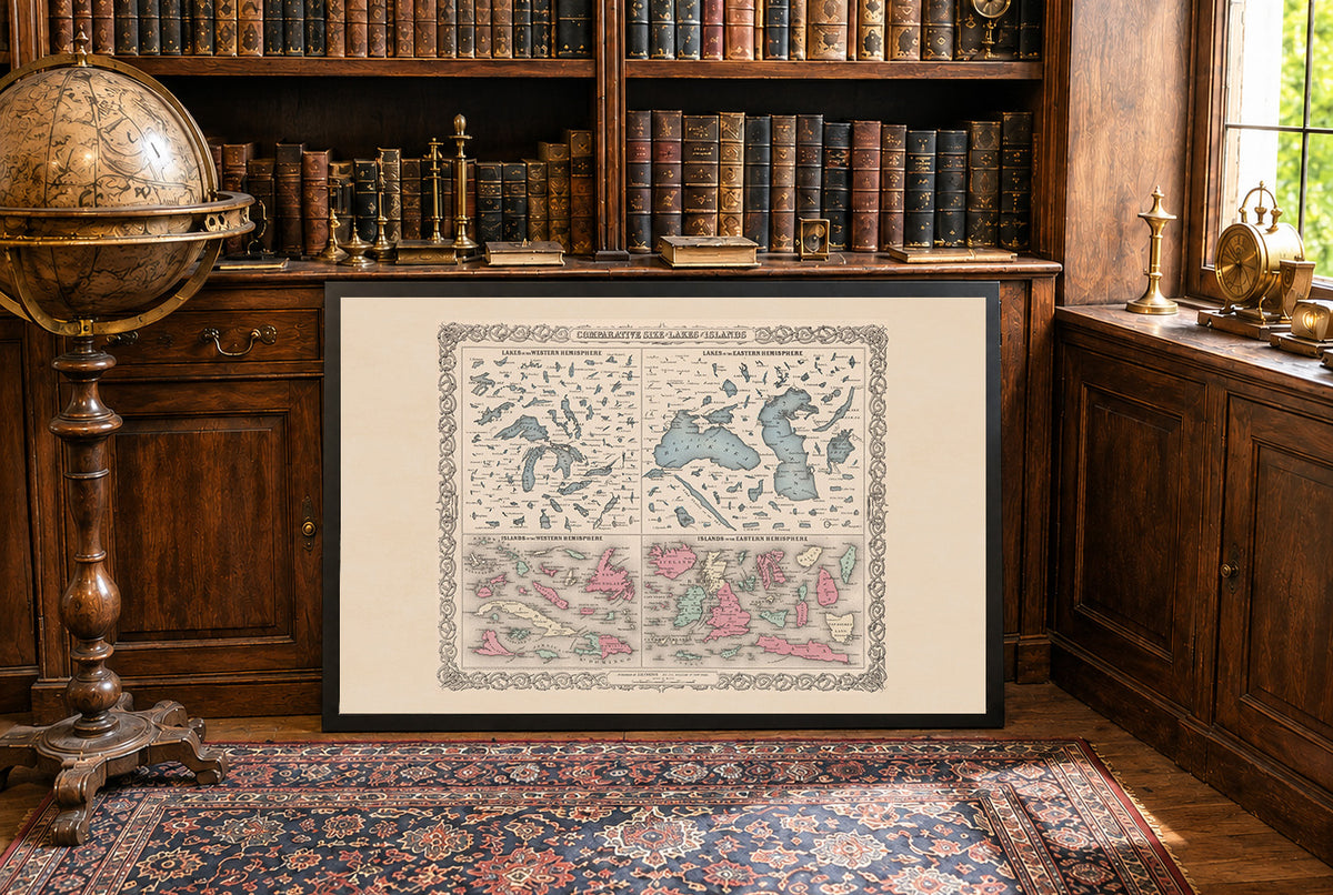Comparative Size of Lakes and Islands 1855 - G.W. Colton - Historical Map Poster