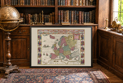 Europa 1665 - Mapa histórico con trajes nobiliarios y principales ciudades