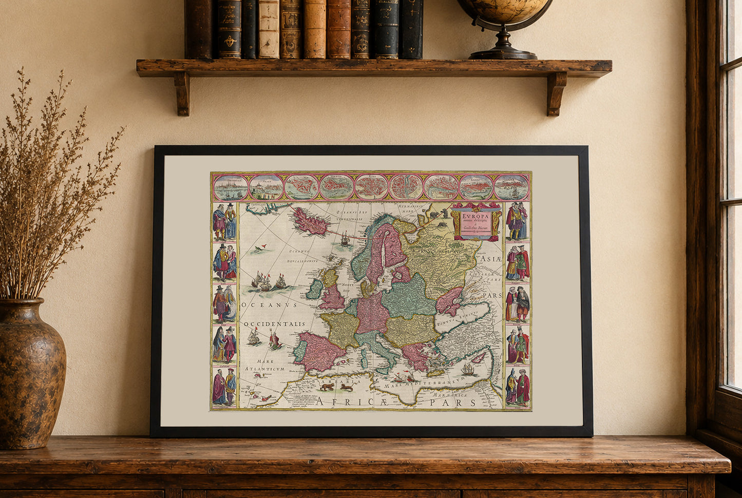 Europa 1665 - Mapa histórico con trajes nobiliarios y principales ciudades