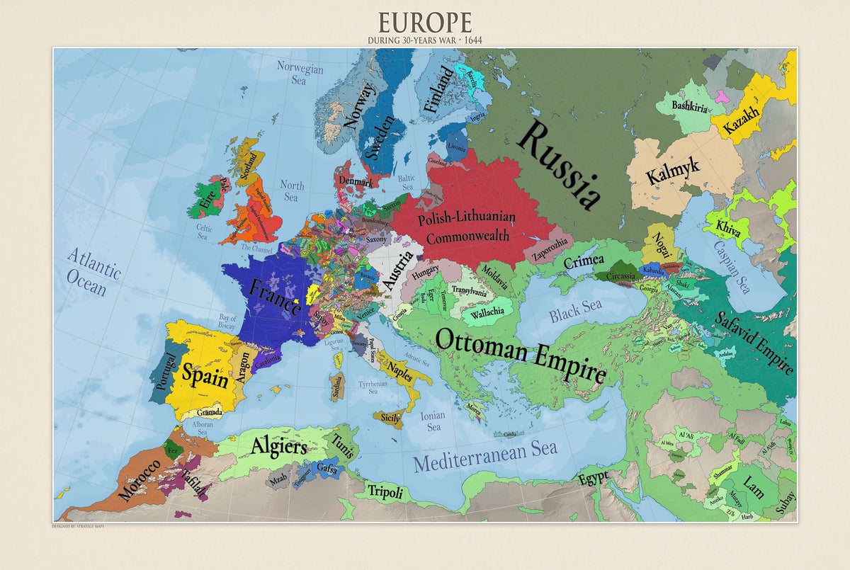 Póster del mapa de Europa en 1644 - Guerra de los Treinta Años