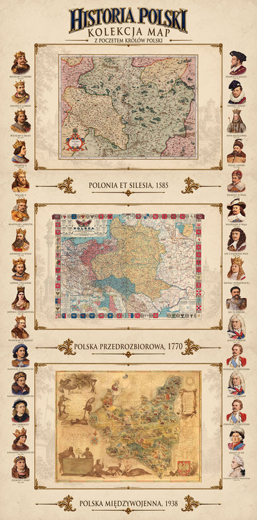 Collezione della storia della Polonia - 3 mappe storiche e sovrani polacchi - Poster della mappa