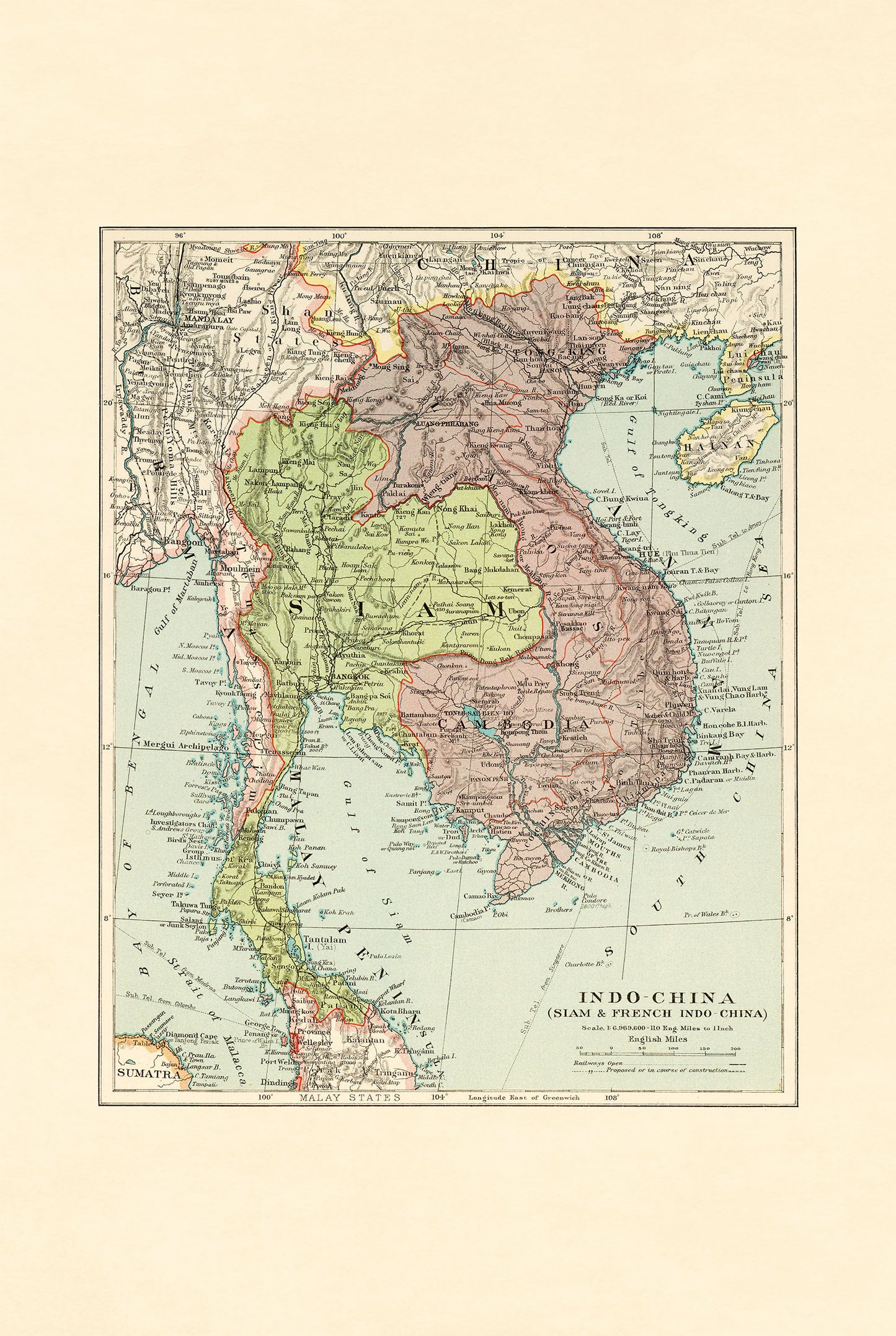 Plakat Mapa Indochin (1926) – Historyczna Mapa Syjamu i Francuskich Indochin
