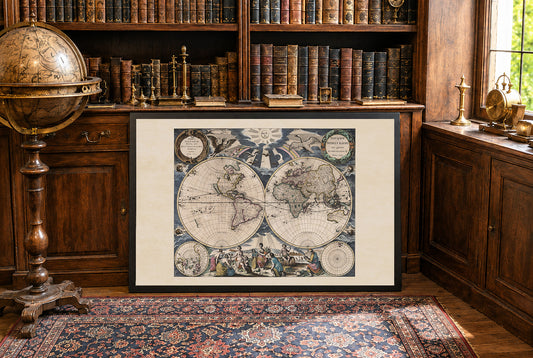 Pieter Goos 1667 Weltkarte Poster - mit aufwendiger Illustration und Atlas-Stil