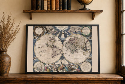 Pieter Goos 1667 Weltkarte Poster - mit aufwendiger Illustration und Atlas-Stil