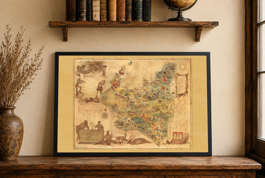 Polen Karte 1938 Druck - ‘Poloniae’ bildliche Karte von Tadeusz Lipski & Eliasz Kanarek | Vintage Weltausstellung Wandkunst