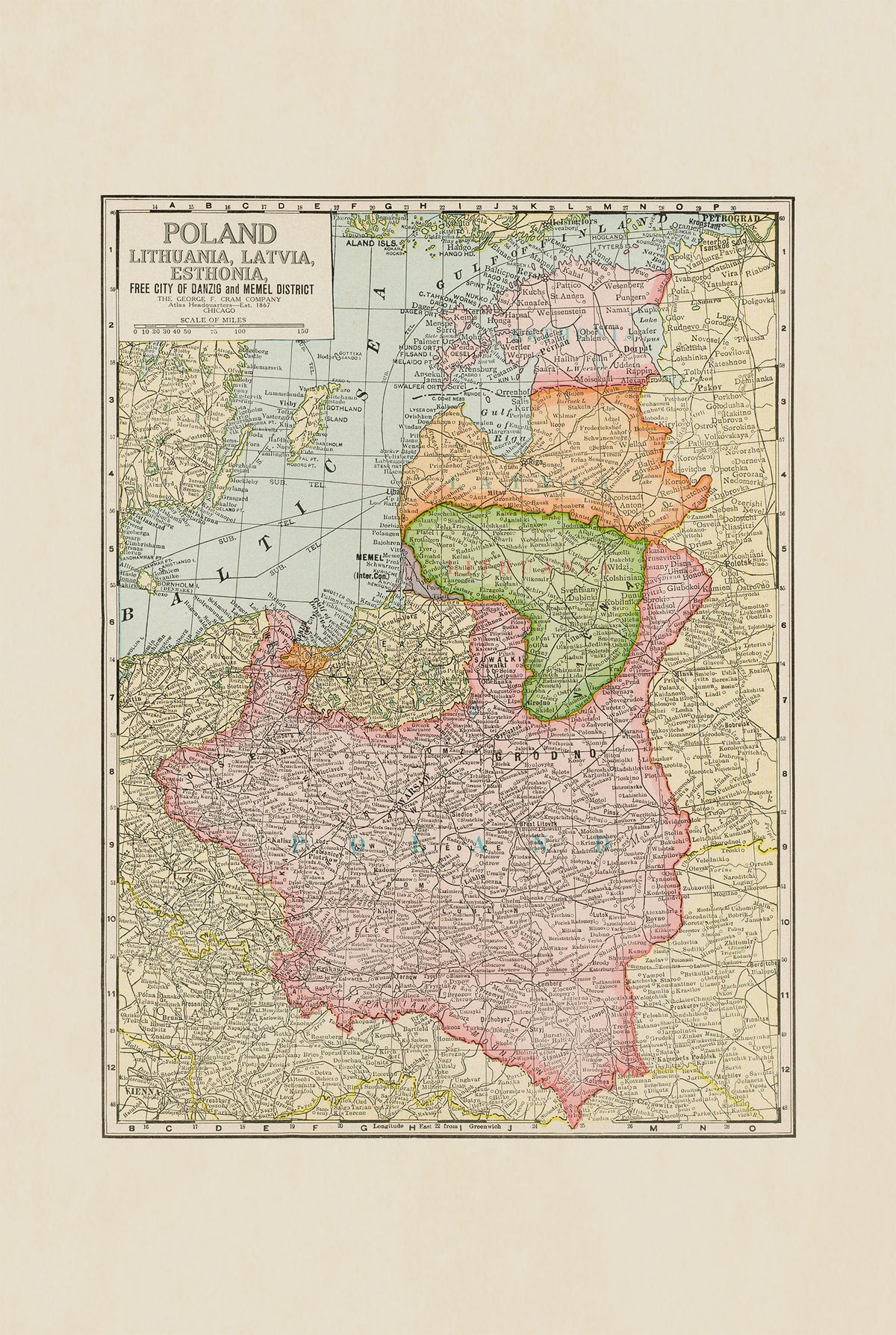 Poland & Baltic States 1925 - Free City of Danzig - George F. Cram Historical Map Poster