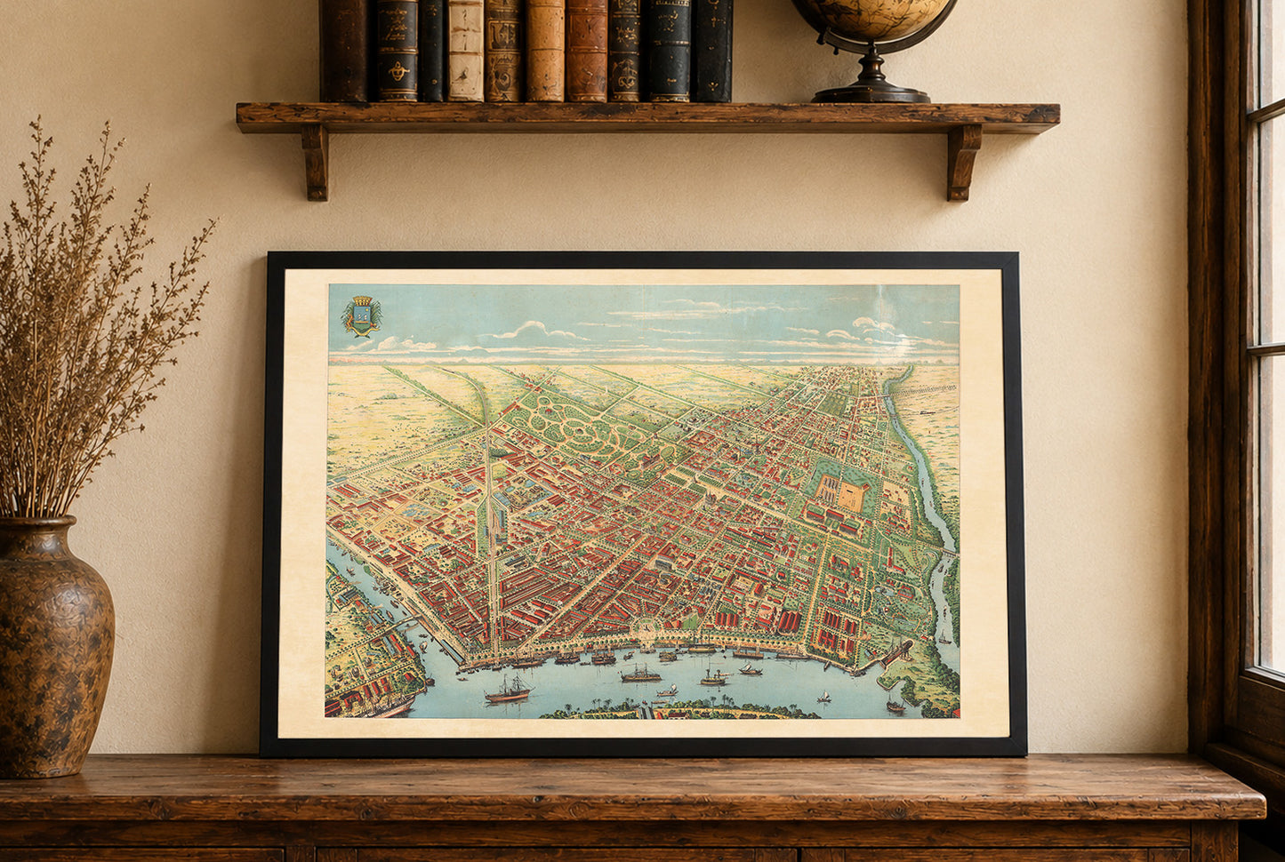 Plakat Saigon 1902 - Mapa panoramiczna Ho Chi Minh z rzeką, bulwarami i działalnością portową