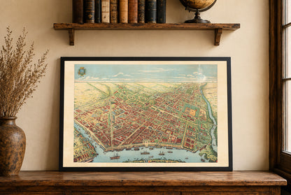 Plakat Saigon 1902 - Mapa panoramiczna Ho Chi Minh z rzeką, bulwarami i działalnością portową