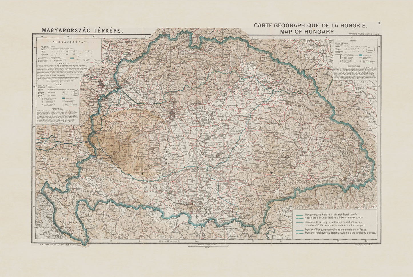 Poster mappa d’epoca dell’Ungheria - Ungheria e confini del Trianon, mappa storica dell’Europa, 1920