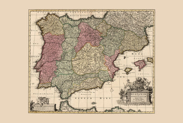 Mapa vintage de Iberia 1740 - Arte histórico de pared de España y Portugal