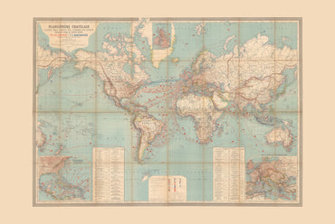 Vintage Plakat z Mapą Świata - Parowce i Kable Telegraficzne, 1889 | Chatelain