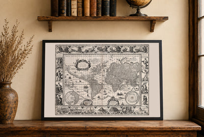 Mappa vintage mondo (1630) - Stampa d'arte fine con mitologia e sette meraviglie