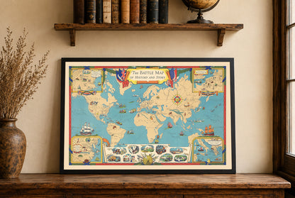 Weltgeschichte Kartenprint - Illustrierte Hauptschlachten und Standorte globaler Konflikte