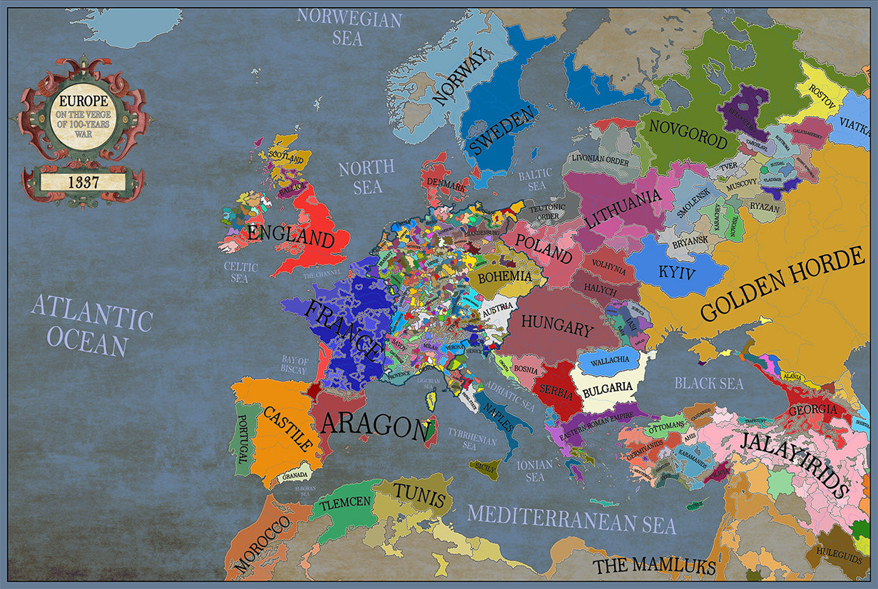 Mapa Europy z 1337 roku u progu wojny stuletniej