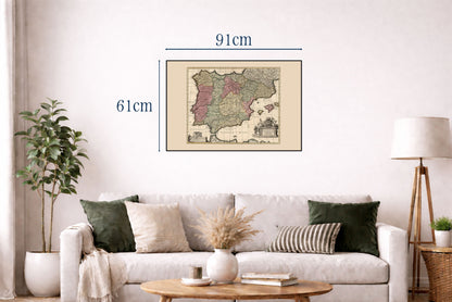 Historyczna mapa Półwyspu Iberyjskiego z 1740 r. – Hiszpania i Portugalia – dekoracja ścienna