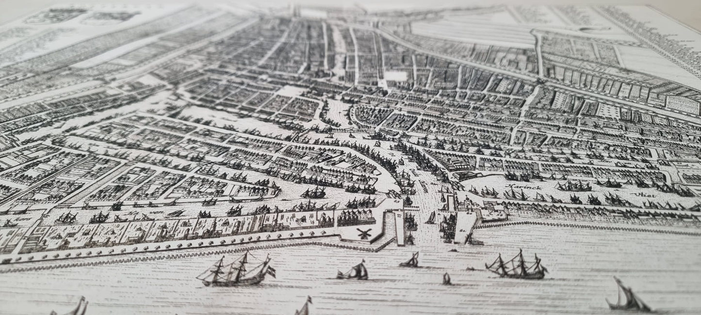 Poster mappa di Rotterdam 1652 - Pianta panoramica dettagliata della città con strade e vie d'acqua