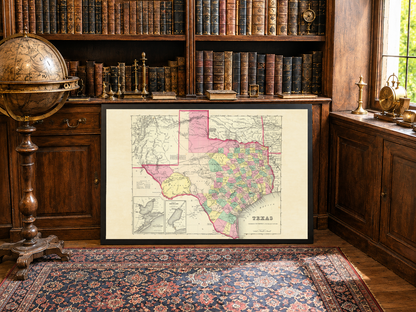 1856 Texas Karte Poster - Handkolorierte Landkreis-Karte mit detaillierten Grenzen